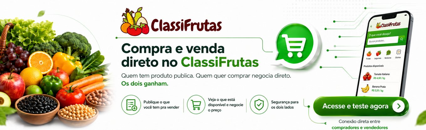 Compra e venda direto no ClassiFrutas: quem tem produto publica, quem quer comprar negocia direto. Publique o que você tem pra vender, veja o que está disponível e negocie o preço, com segurança para os dois lados. Acesse e teste agora.